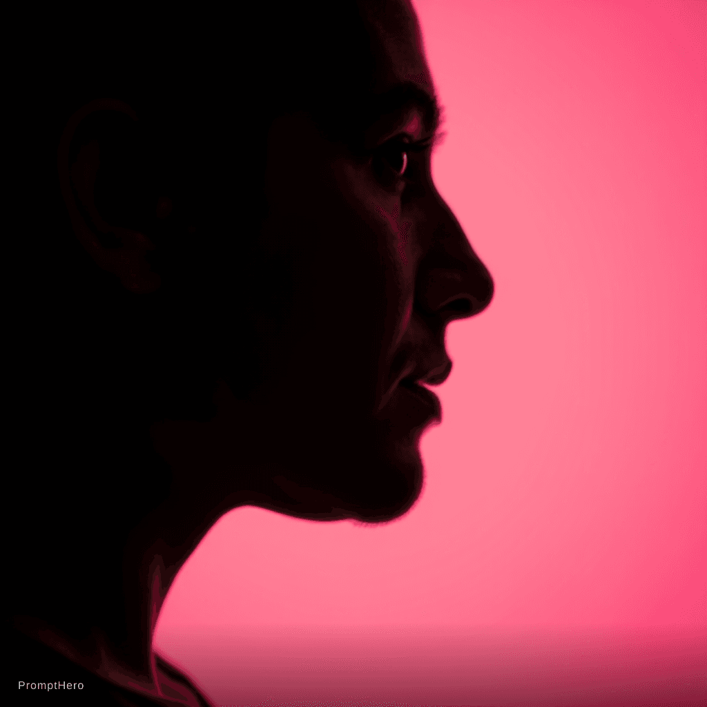 AI generated: photography, portrait of contrast, profile silhouette of a woman, vibrant hot pink backdrop, visuali...