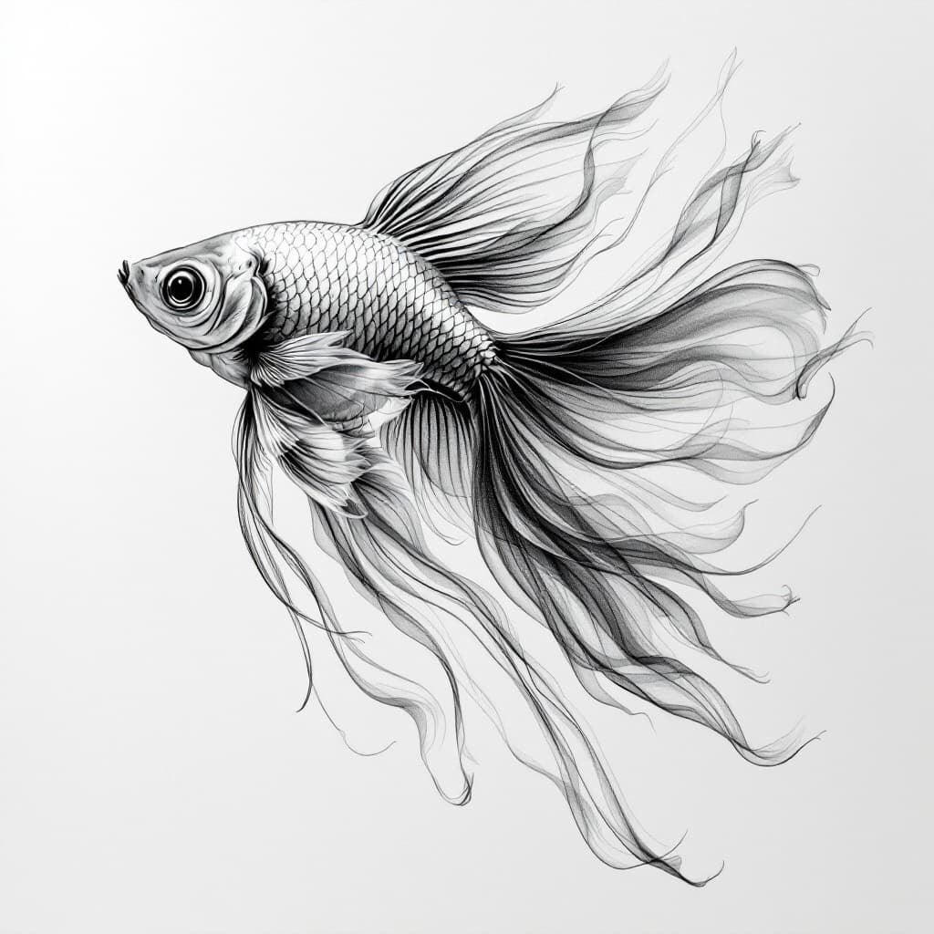 AI generated:  A hyper-detailed pencil drawing of a graceful betta fish (or fancy goldfish), with long, flowing fi...