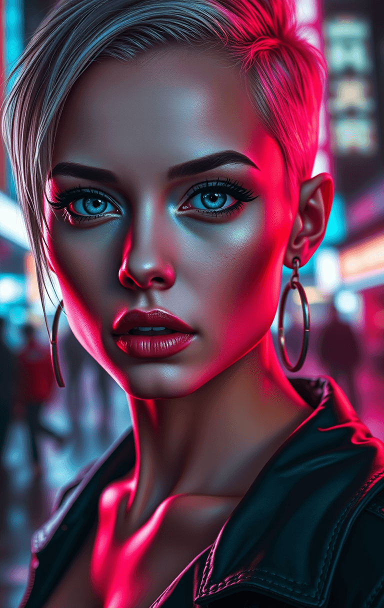 AI generated: beautiful pale cyberpunk female with heavy black eyeliner, blue eyes, shaved side haircut, hyper det...