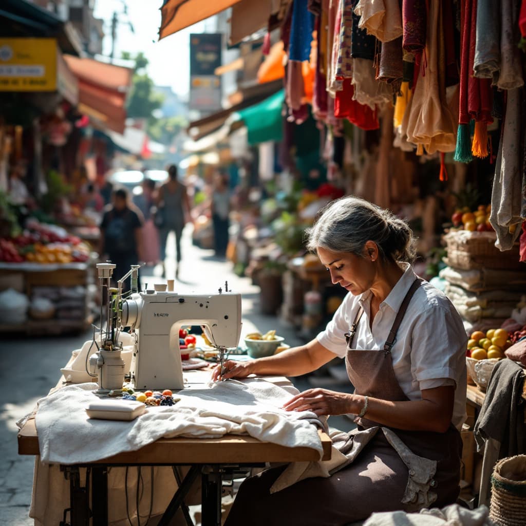 AI generated: "An urban market scene bustling with vibrant activity, featuring a tailor seated at a sewing machine...