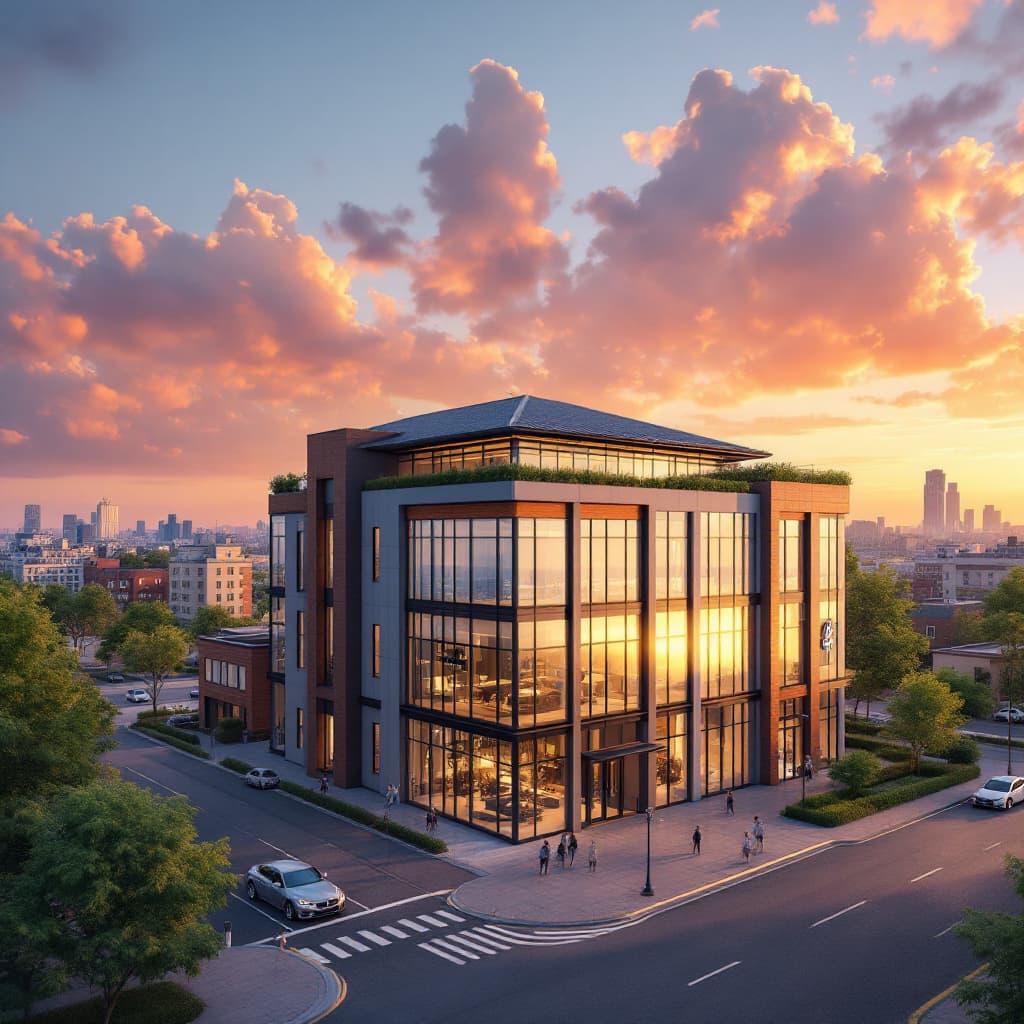 AI generated: high-end commercial building with a new roof - ultra realistic photograph. beautiful sky and small t...