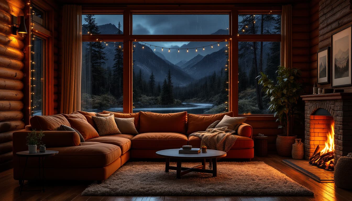 AI generated: A cozy living room in a log cabin at night. A large sectional sofa, upholstered in warm, muted orang...