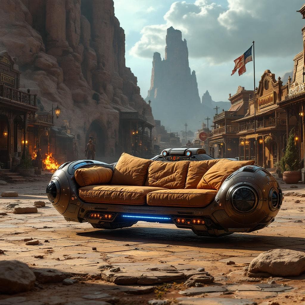 AI generated: The Old West in a futuristic setting. 1880 meets 2380 with a futuristic stage couch that hovers with...