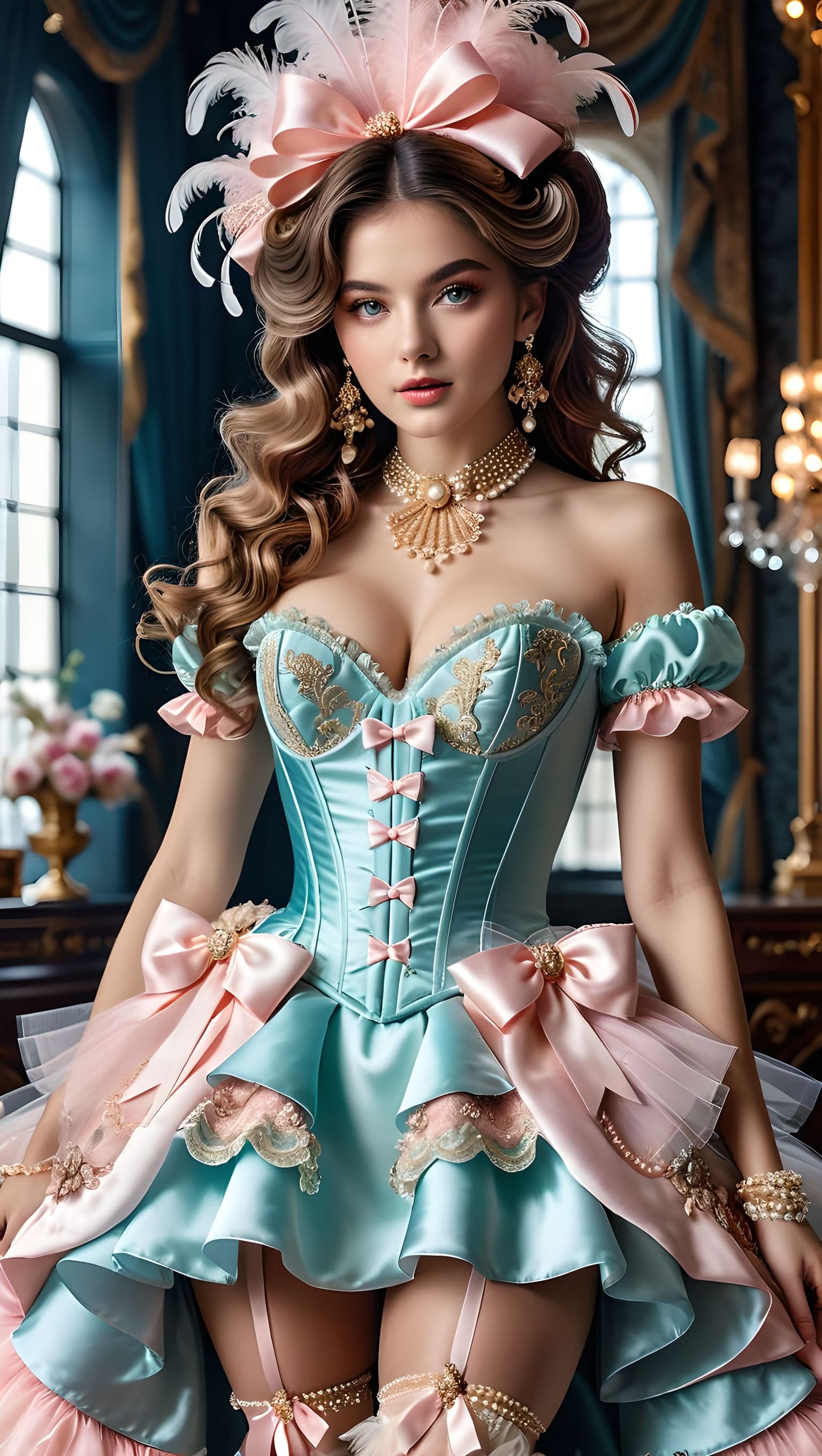 AI generated: A kitschy yet luxurious fashion ensemble inspired by 18th-century rococo opulence, featuring a candy...