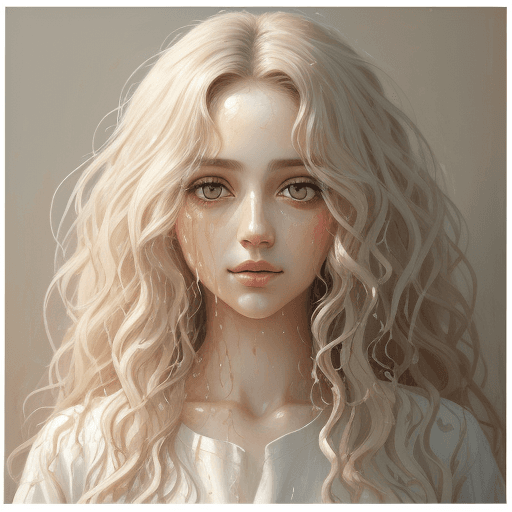 AI generated: light natural tones , oail painting, portrait of a woman with long curly hair and white shirt, detai...