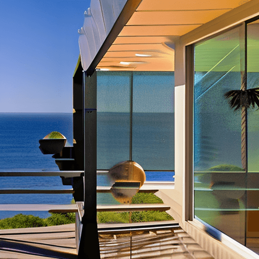 AI generated: Hyper realistic eye level exterior photo of a mid century modern style house overlooking the ocean, ...