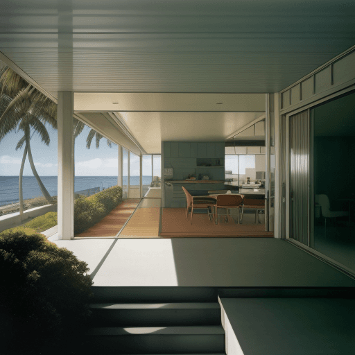 AI generated: Hyper realistic eye level exterior photo of a mid century modern style house overlooking the ocean, ...