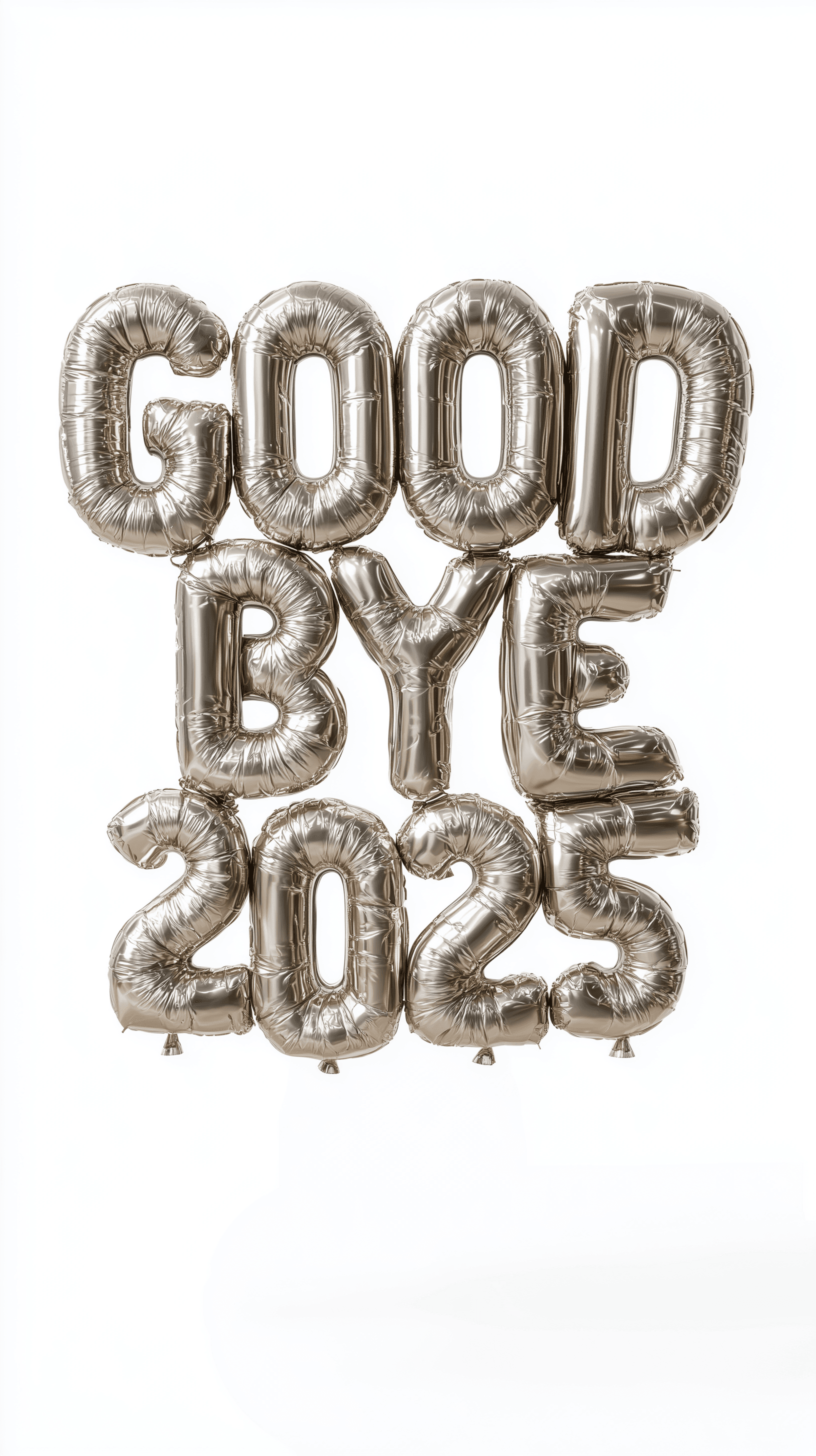 AI generated: photorealistic, balloon of lettering, "GOOD BYE 2025", used color is warm white and silver, perpect ...