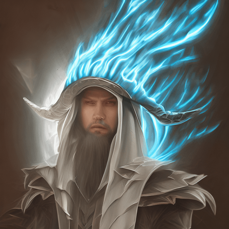AI generated: a fancy portrait of a beautiful dark magician man wearing a large witches hat covered in light blue ...