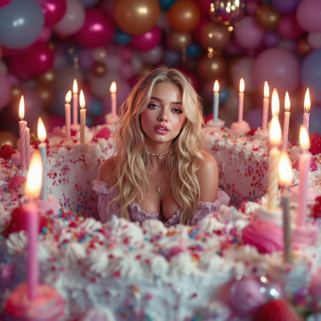 AI generated:  a girl looks like Jennie, sitting in a huge birthday cake, 25 years old, ,cyperpunk, realistic, blo...