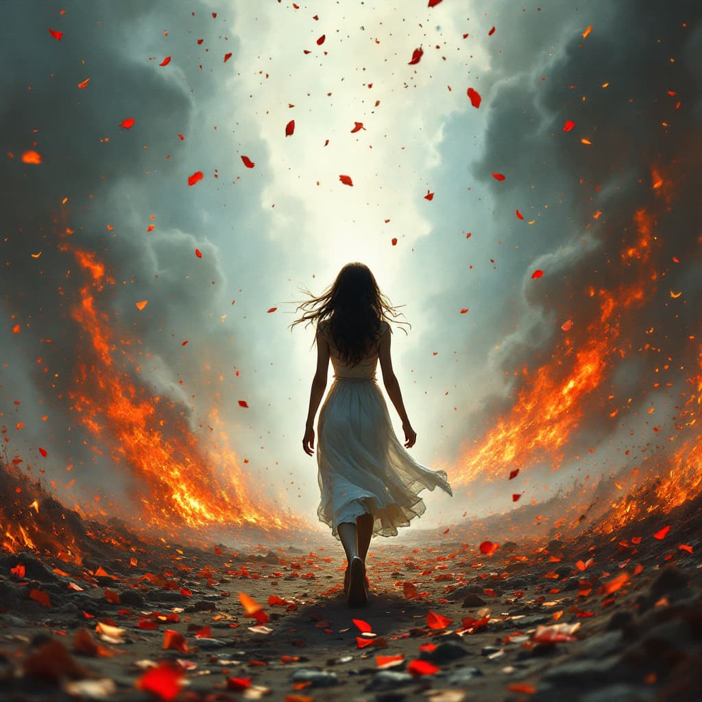 AI generated: the girl walks towards the camera while behind her the battle rages, fires burn and petals fall.