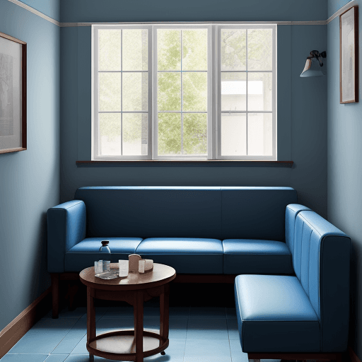 AI generated: Small rest room, in a blue tone, with sofa and bench with coffee and water