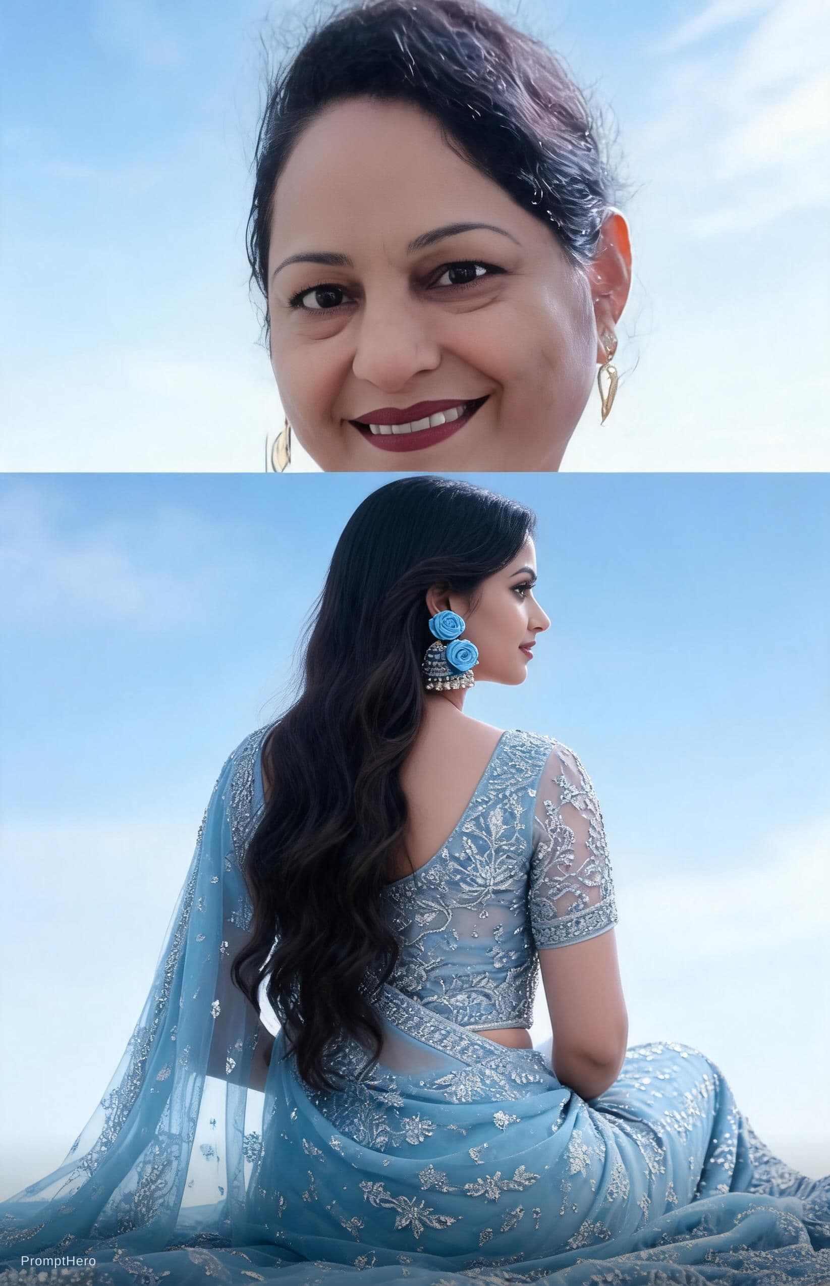 AI generated: 
Create a HD cinematic Bollywood poster: a girl in a net sky-color sari adorned with intricate, spar...
