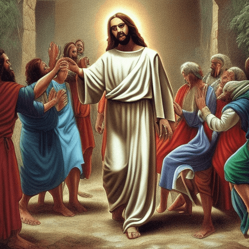 AI generated: jesus taking someone by his hand and walking towards the gates of heaven. use warm collors