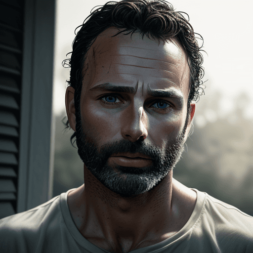 AI generated: detailed and realistic portrait of Rick Grimes shot outside, wearing a white t shirt, staring at cam...