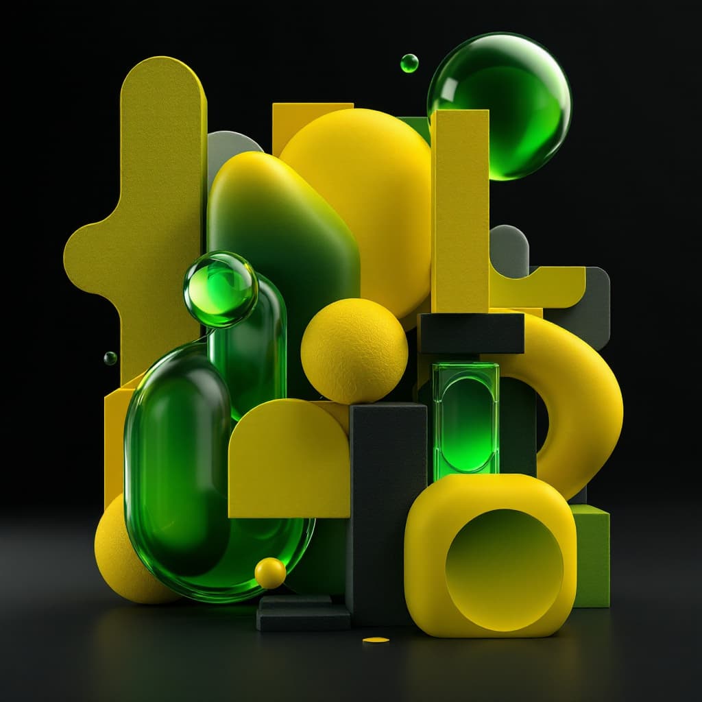 AI generated: 3D geometric shape composition, vivid green and yellow, dark grey colored, various sleek texture, tr...