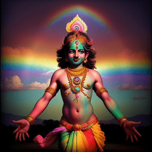 AI generated: A photograph of a Krishna god under a vibrant rainbow, during sunrise with colorful lighting and sho...