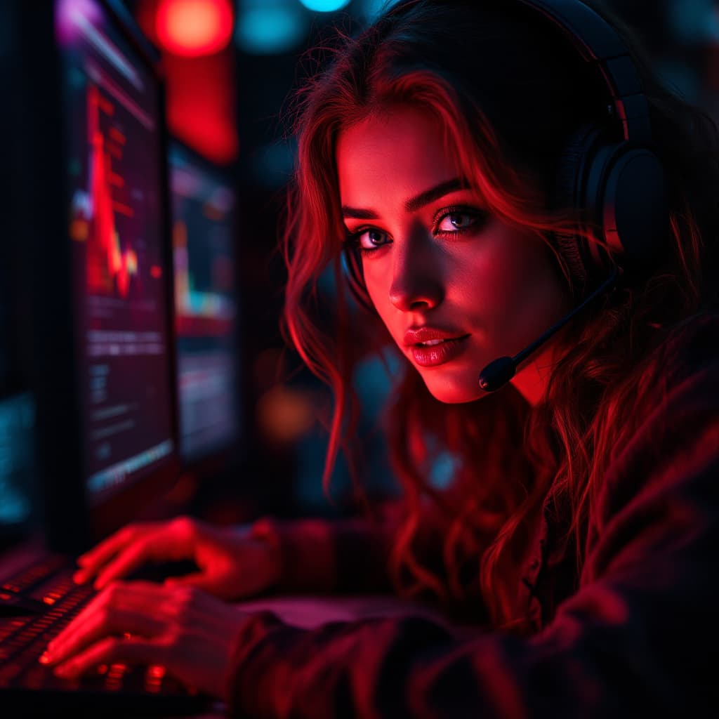 AI generated: a deep red tinted lab, a beautiful woman wearing  headphones stares at a computer screen, 8k, sharp ...