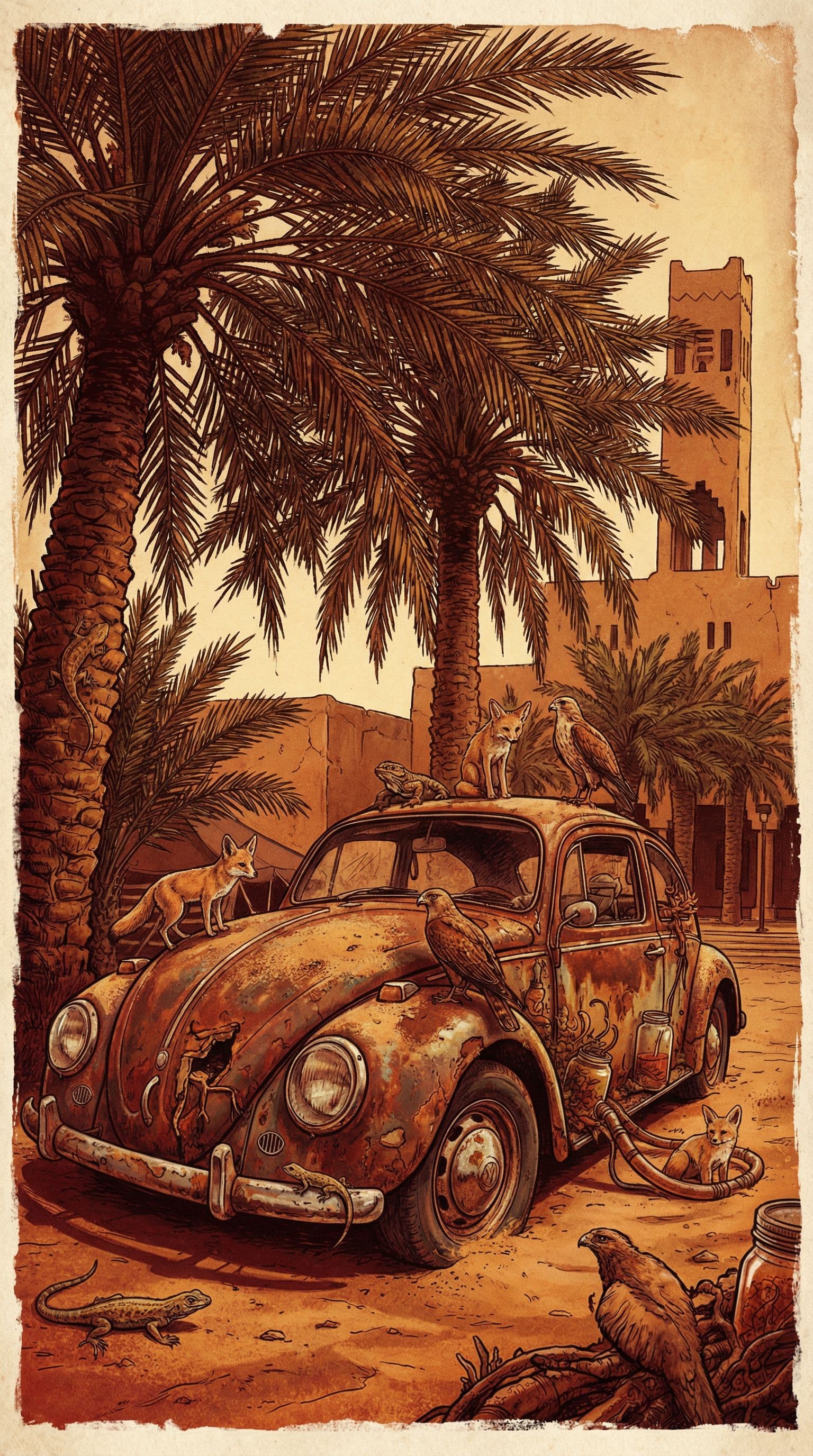 AI generated: vw beetle vintage poster, in the style of rustic simplicity, gritty reportage, kombuchapunk, rusty d...