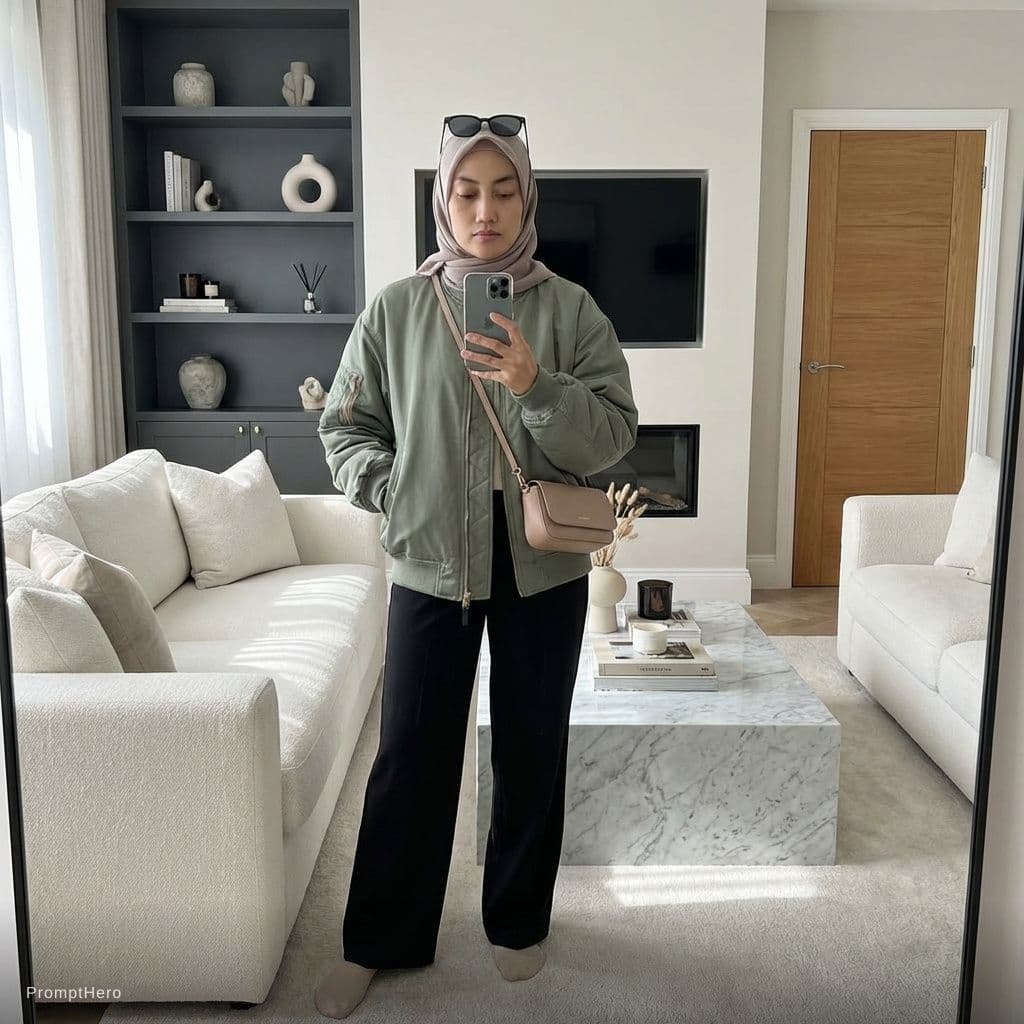 AI generated: A highly realistic, ultra-detailed indoor mirror selfie of a young hijabi woman standing in a modern...