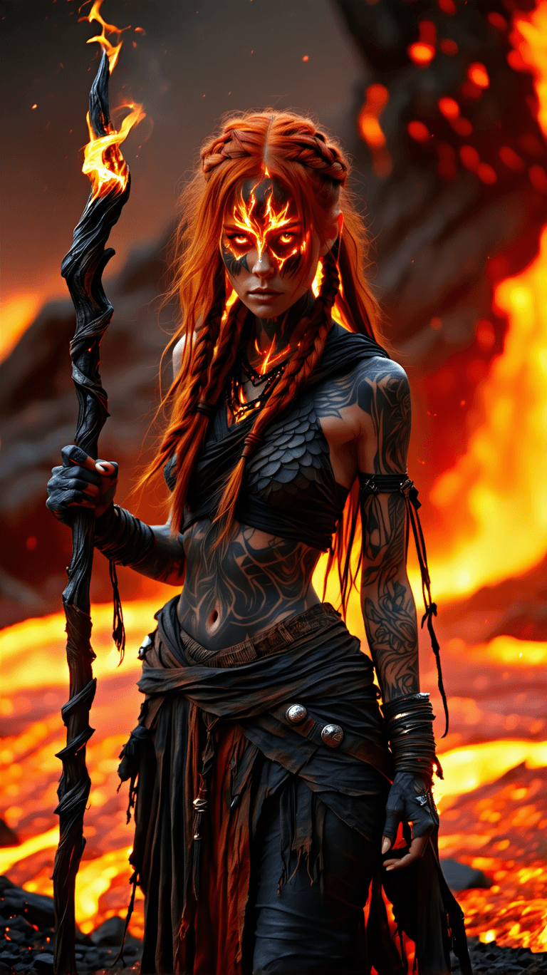 AI generated: A rebellious volcanic priestess, with fiery red hair, eyes like molten gold, and tattoos that shift ...