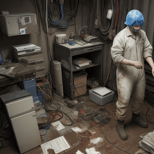 AI generated: a technician in a dirty room with a broken server