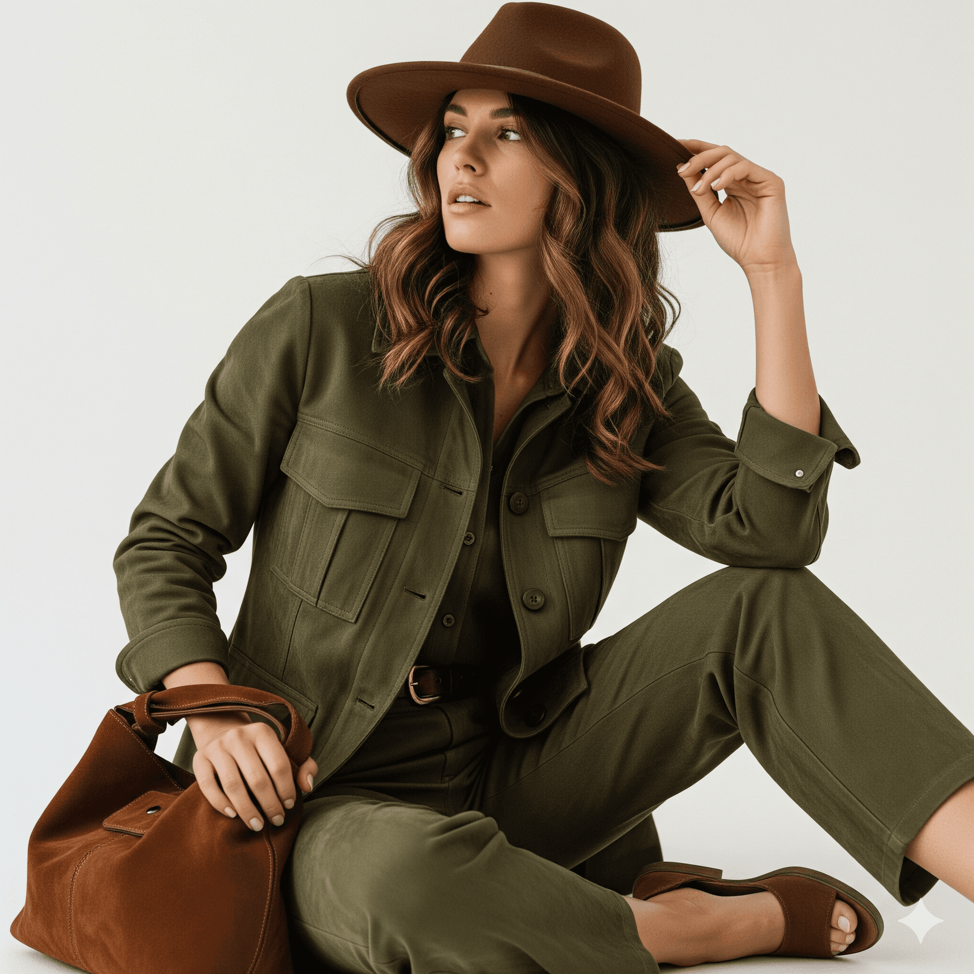 AI generated: A fashion shot of a woman, wearing an olive green safari-style utility jacket over a matching outfit...