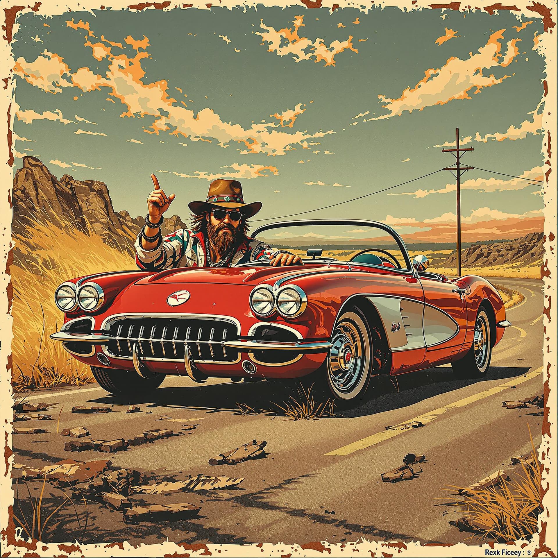 AI generated: Corvette convertable vintage poster,  A hippy driver with a top hat in the style of rustic simplicit...