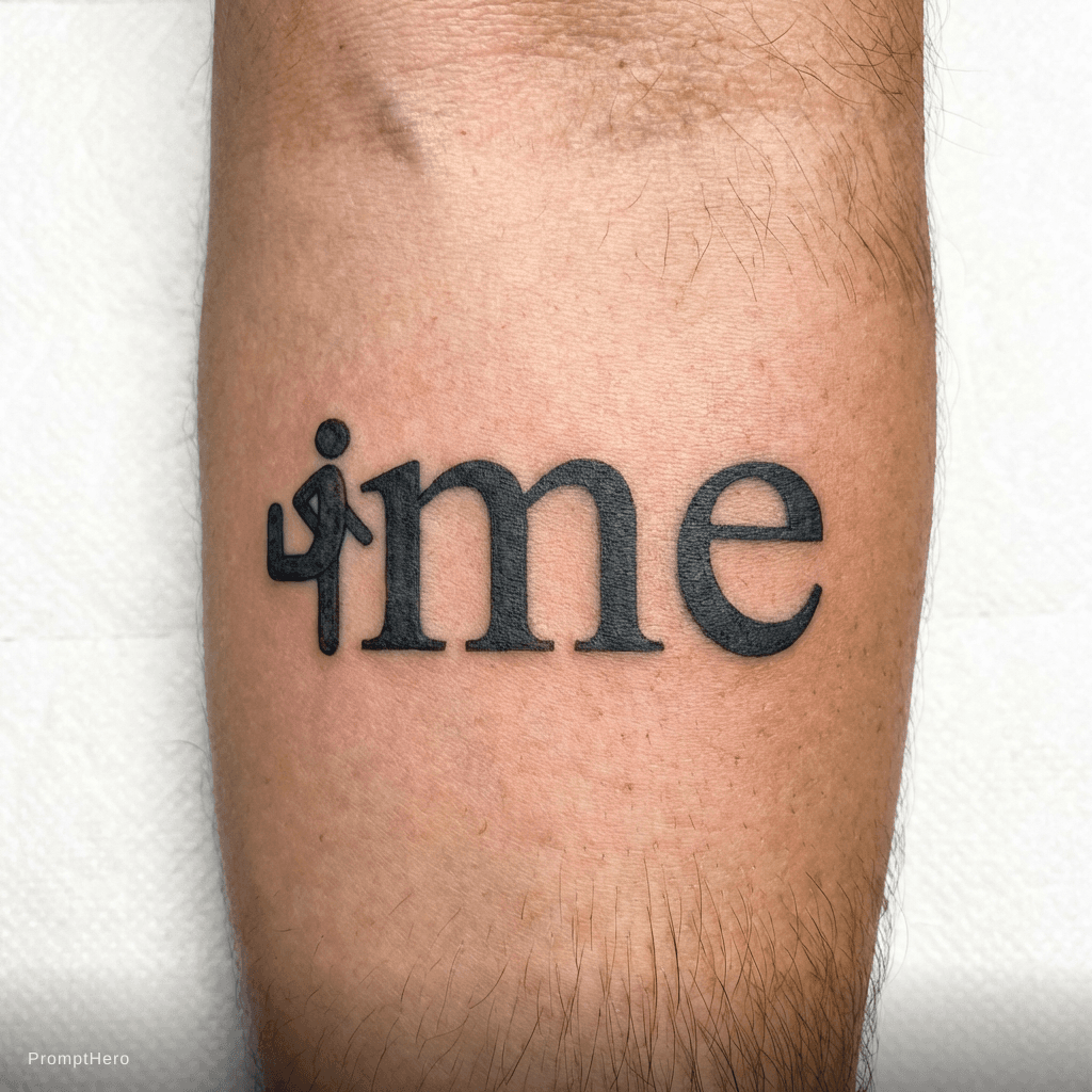 AI generated: The word me with small no definition man on side of the m with his leg up 90%on back