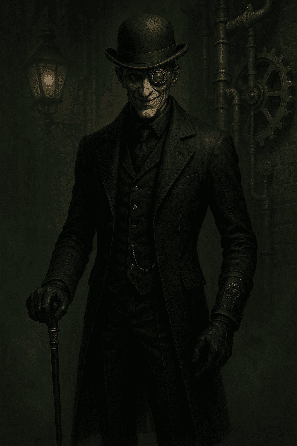 AI generated: steampunk ai art, of a menacing looking slender man, with a bowler cap and a cane, possiblity a vill...