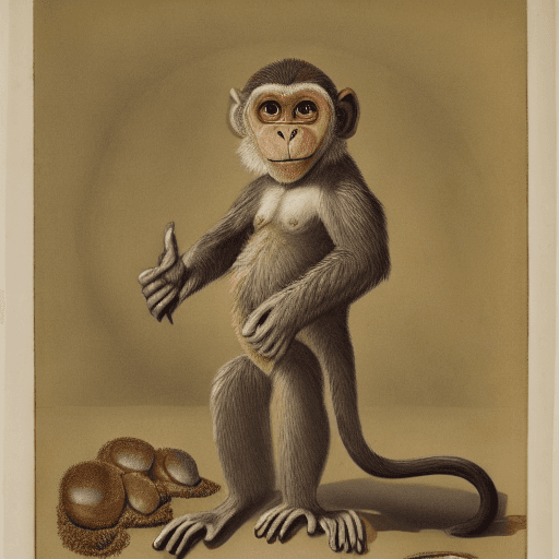 AI generated: whole full-body portrait of a monkey with eggs, full of blood