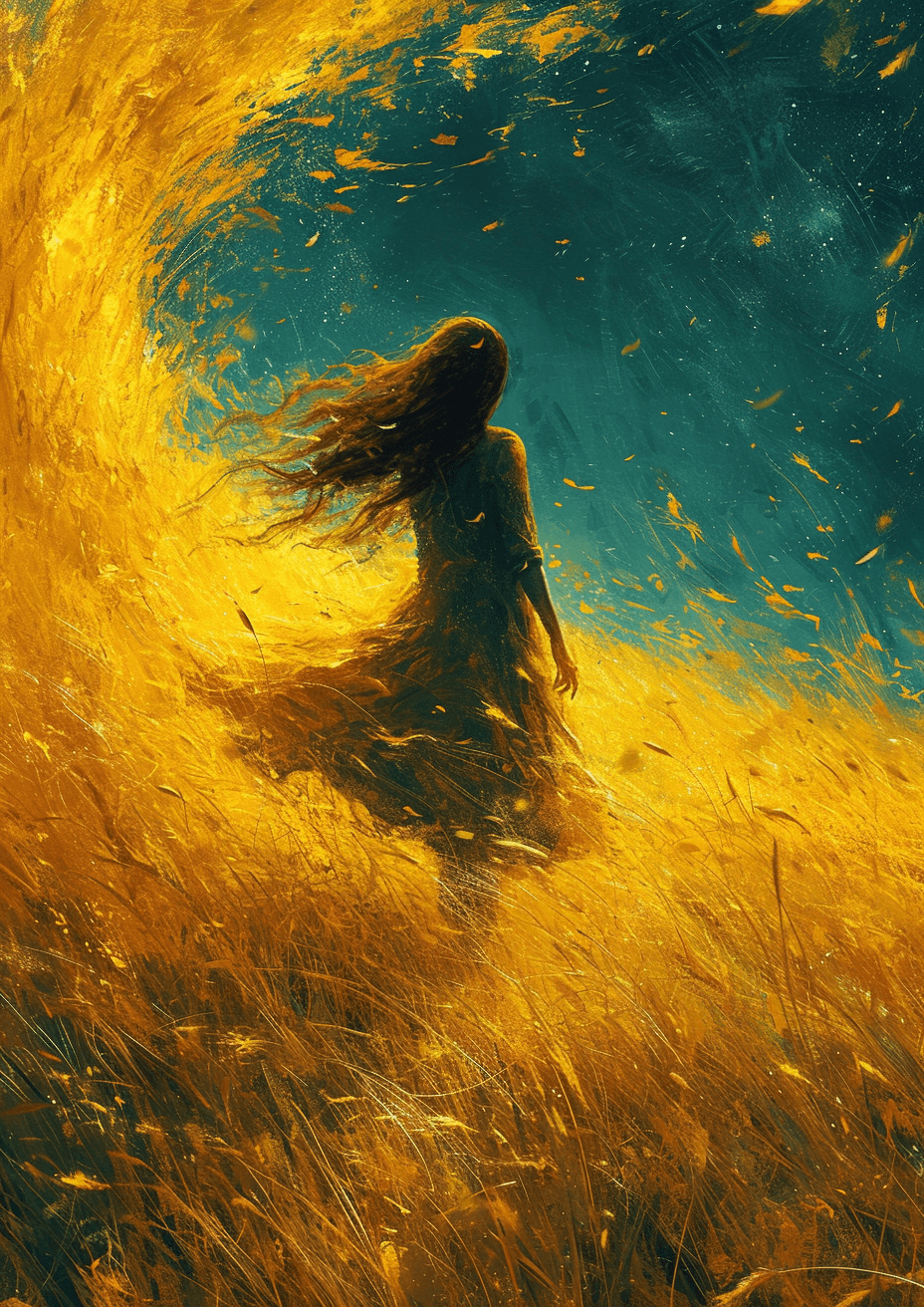 AI generated: a girl walking through a field, in the style of ethereal trees, dark yellow and azure, majestic, swe...