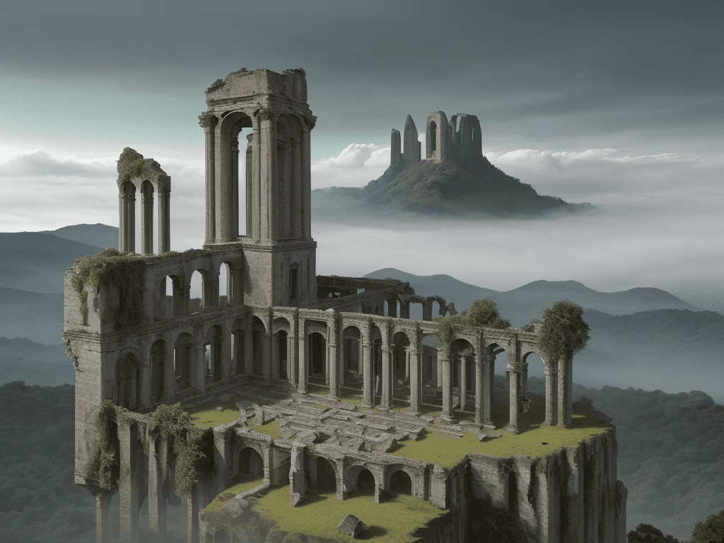 AI generated: a breathtaking portrait of a background image that is a sweeping landscape of ancient ruins, with to...