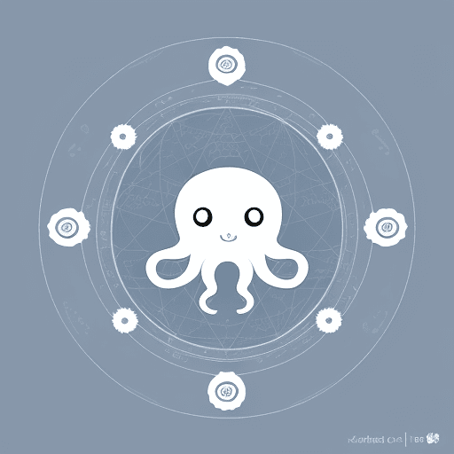AI generated: Logo of a baby octopus on top of planet earth in a circle flat vector logo, japanese style, kawai, w...