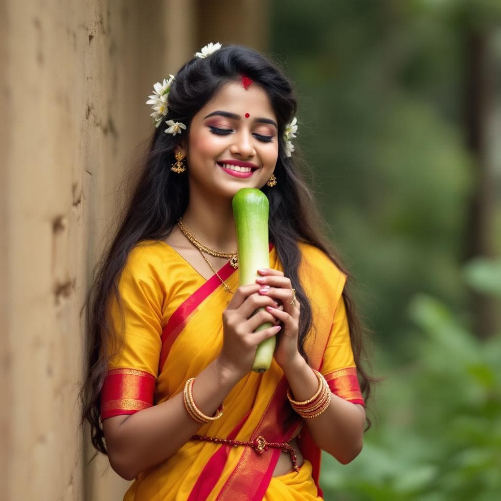 AI generated: A traditional South Indian girl wearing a yellow and red saree, standing outdoors near a village wal...