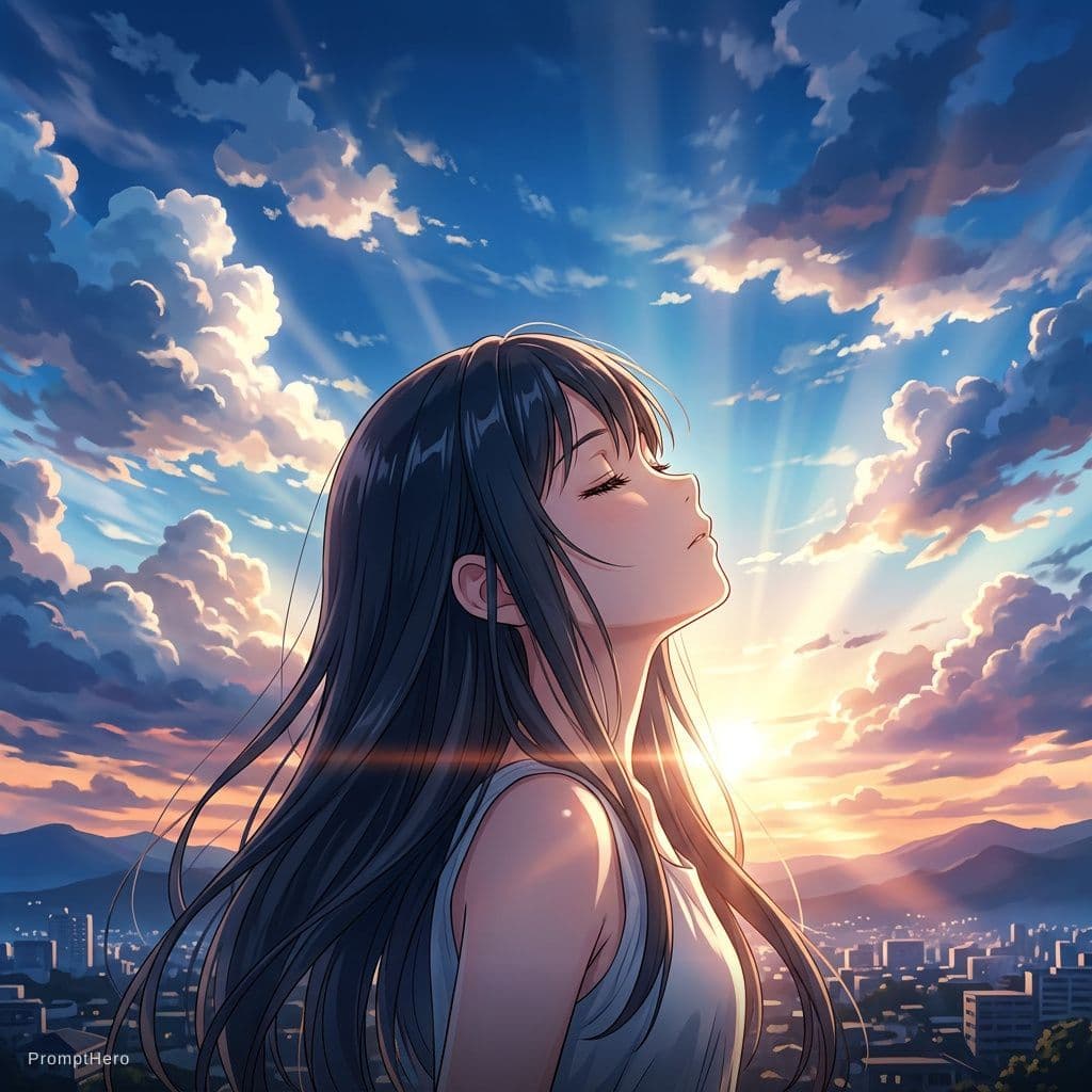 AI generated: Prompt: > "Masterpiece, high-quality anime illustration, a beautiful girl looking up towards the sky...