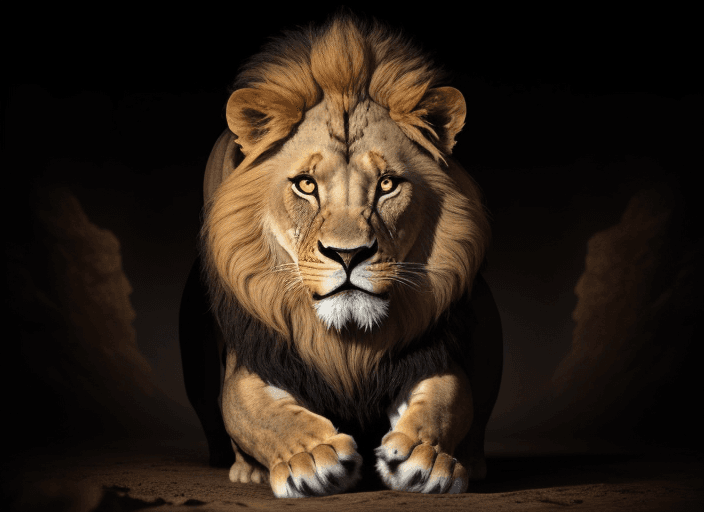 AI generated: A formidable lion emerges from the darkness. Full height. Paws fully visible. Looks into the eyes of...