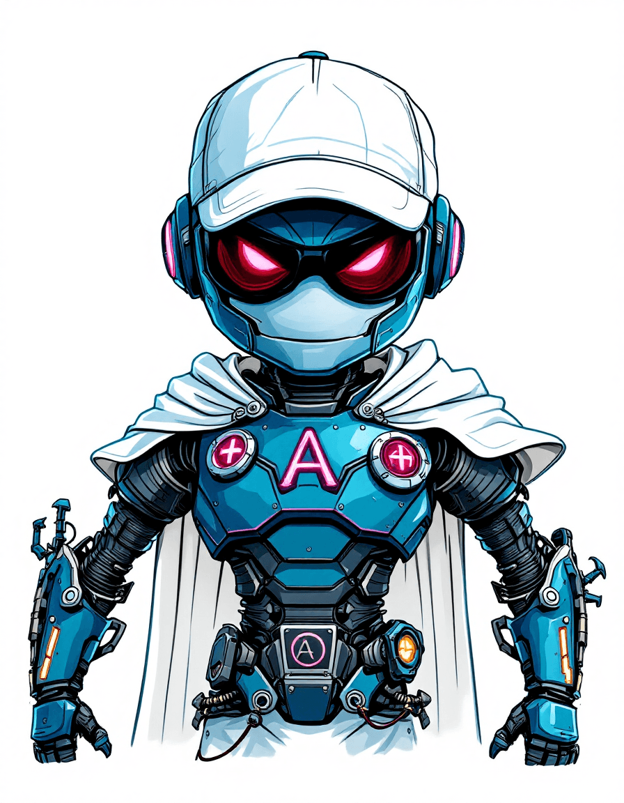 AI generated: Just draw a doctor robot with an evil and sinister expression, clear muscle lines, wearing a medicin...