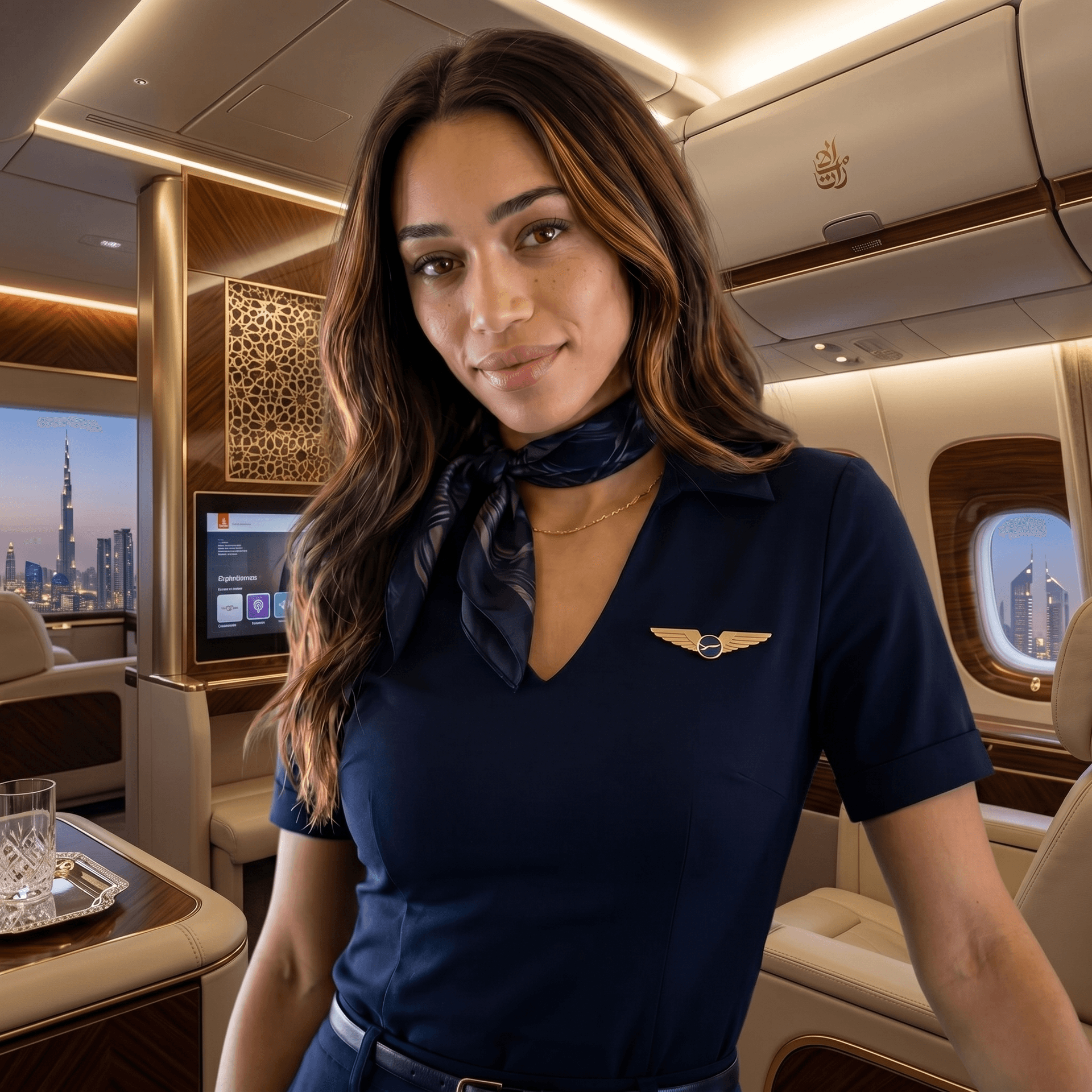 AI generated: change background in luxury background dubai aircraft cabin ,do not change anything else on picture