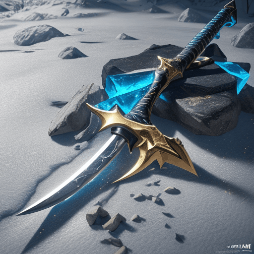 AI generated: Photo of a ultra realistic shiny, glossy, axe, ice axe, gold, blue, weapon, more detail, cinematic l...