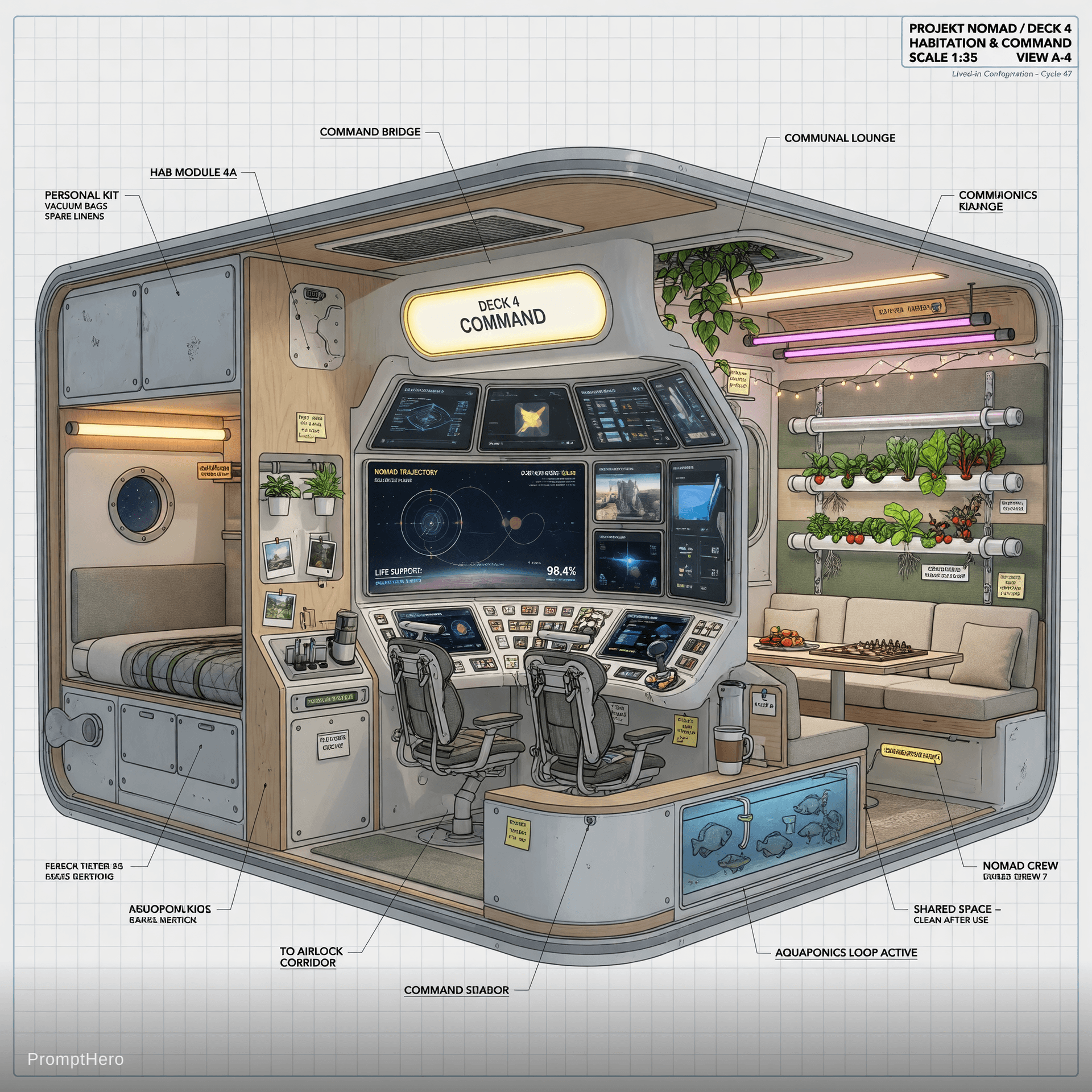 AI generated: Highly detailed technical interior close-up view of Deck 4 habitation and command area on Projekt No...