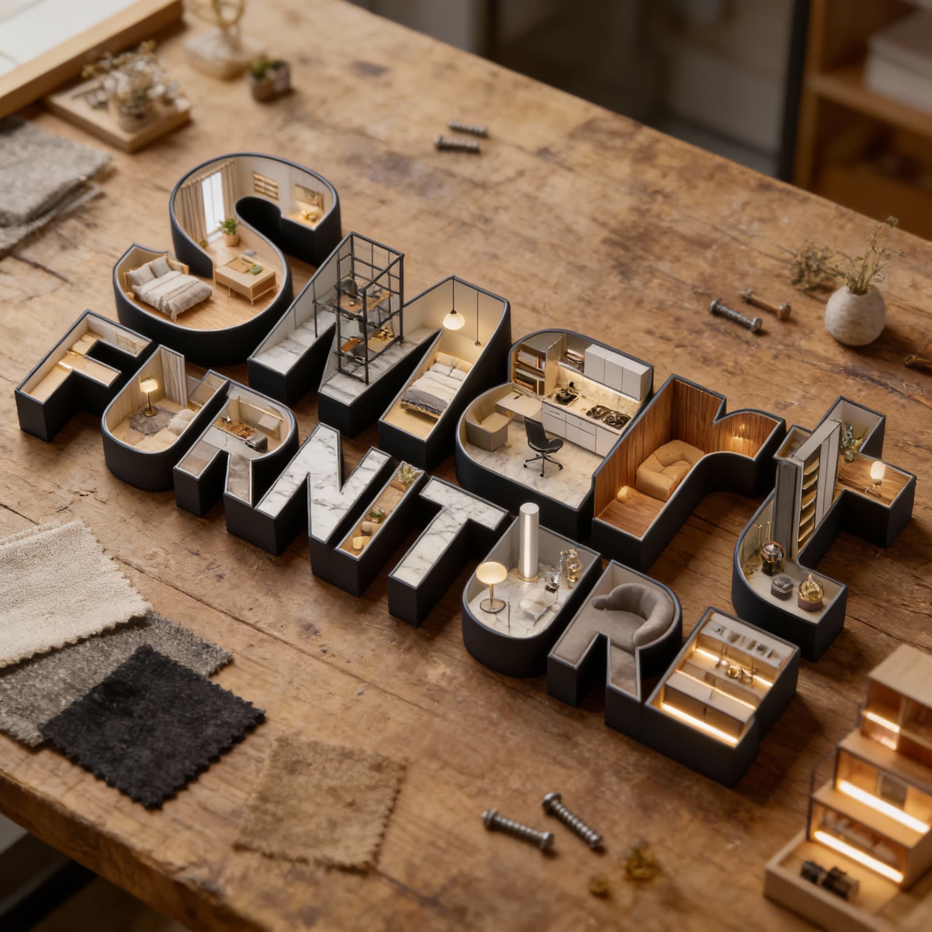 AI generated: A maximalist 3D typographic artwork where the entire word “SMART FURNITURE” is constructed from a la...