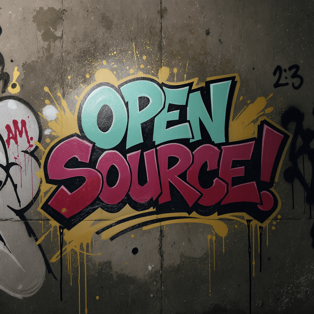AI generated: street graffiti, textured concrete wall, spray colors, layered, lettering "OPEN SOURCE!", night shad...