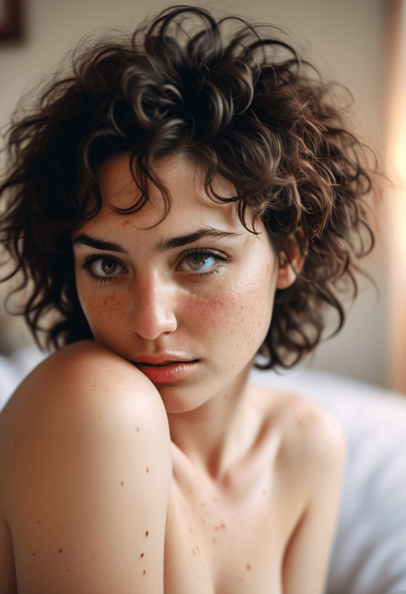 AI generated: A woman stands with her head turned slightly to one side, her toplessness and short messy curly dark...