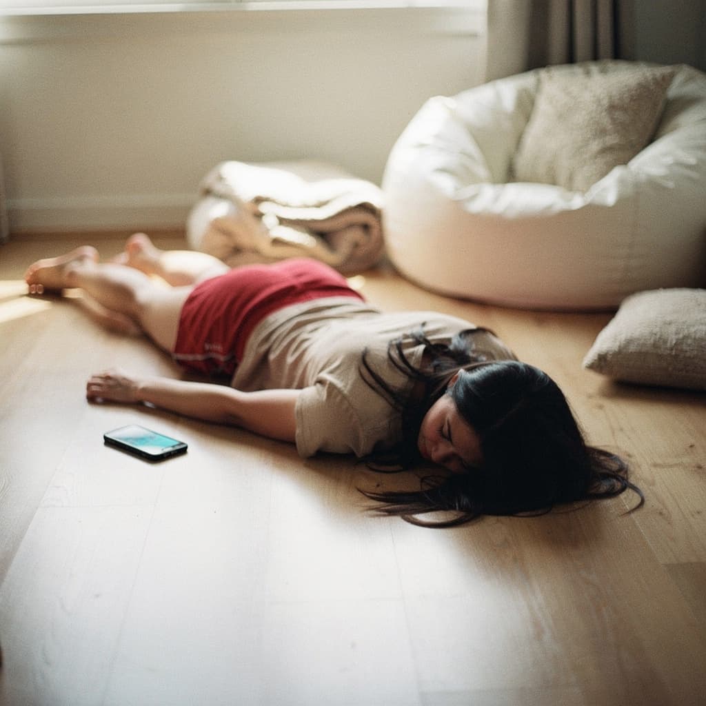 AI generated: A bright lit, cozy bedroom scene at day, featuring a young adult person with long dark hair lying sp...
