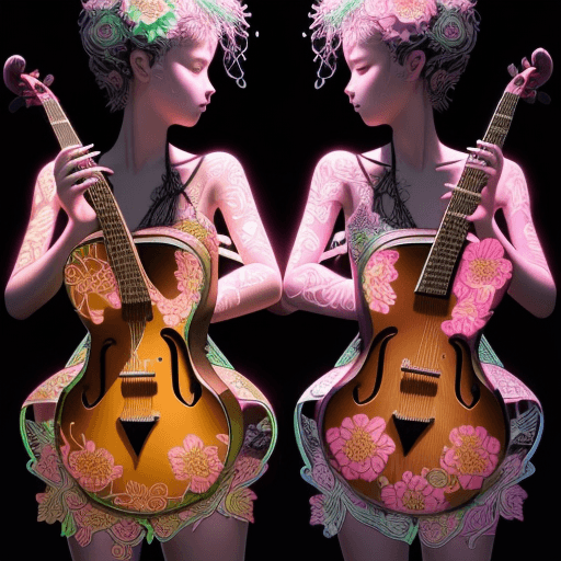 AI generated: Create an image featuring a series of string instruments, likely guitars, with intricate floral patt...