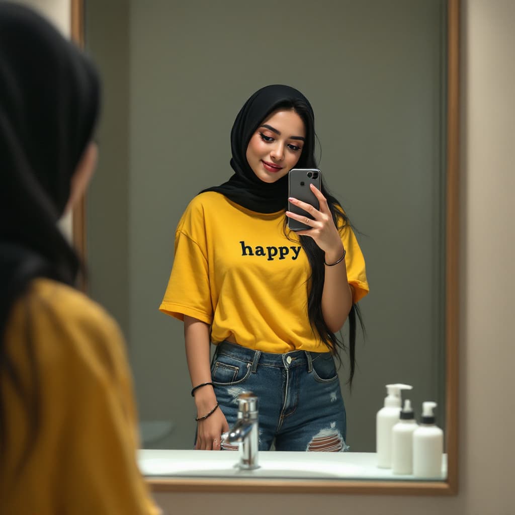 AI generated: A young muslim women with long black hair and wearing hijab is taking a selfie in her bathroom. She ...