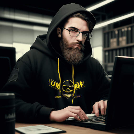 AI generated: hacker, darkroom, coder, computer, man, medium beard, cool, grunge, (typing), ultra-detailed and det...