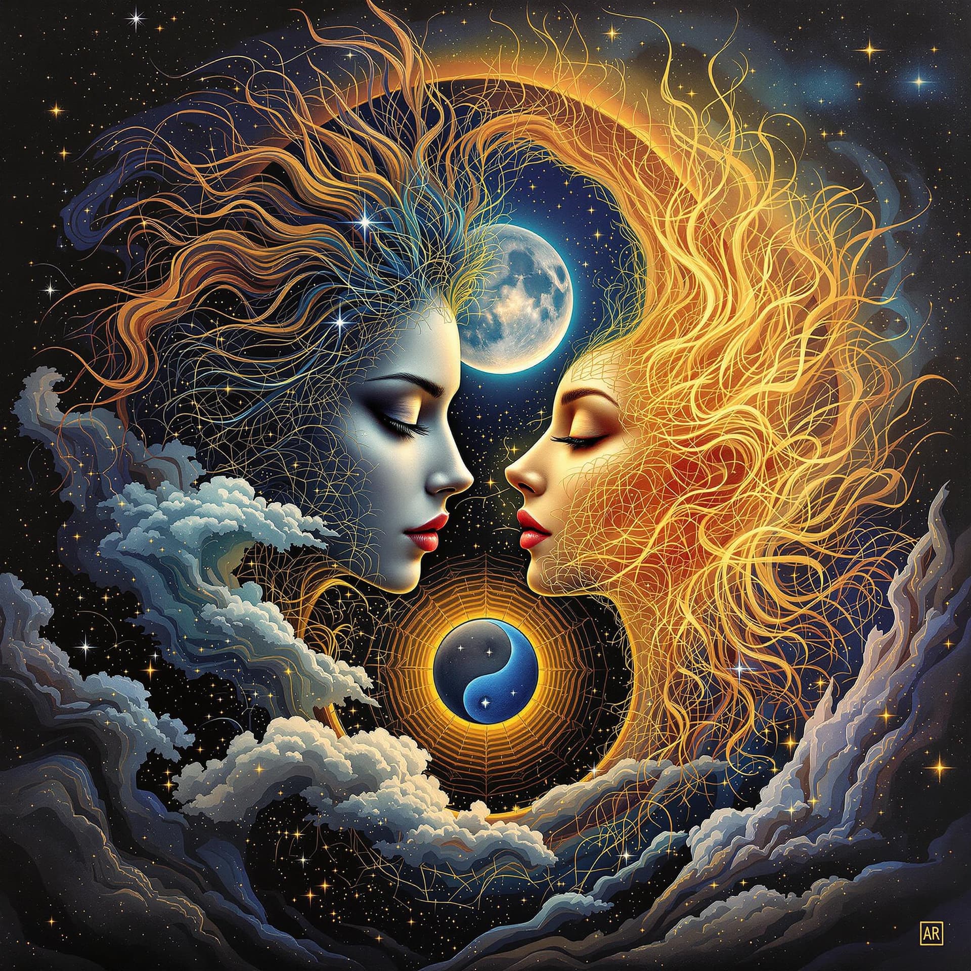 AI generated:  Highly detailed, realistic, Psychedelic, incredible surrealism yin (male), and yang ( female), moon...