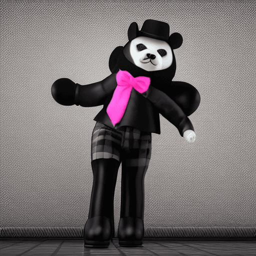 AI generated: a black and white panda wearing: a black bowler hat, a tartan bow tie, pink roller skates, he is run...